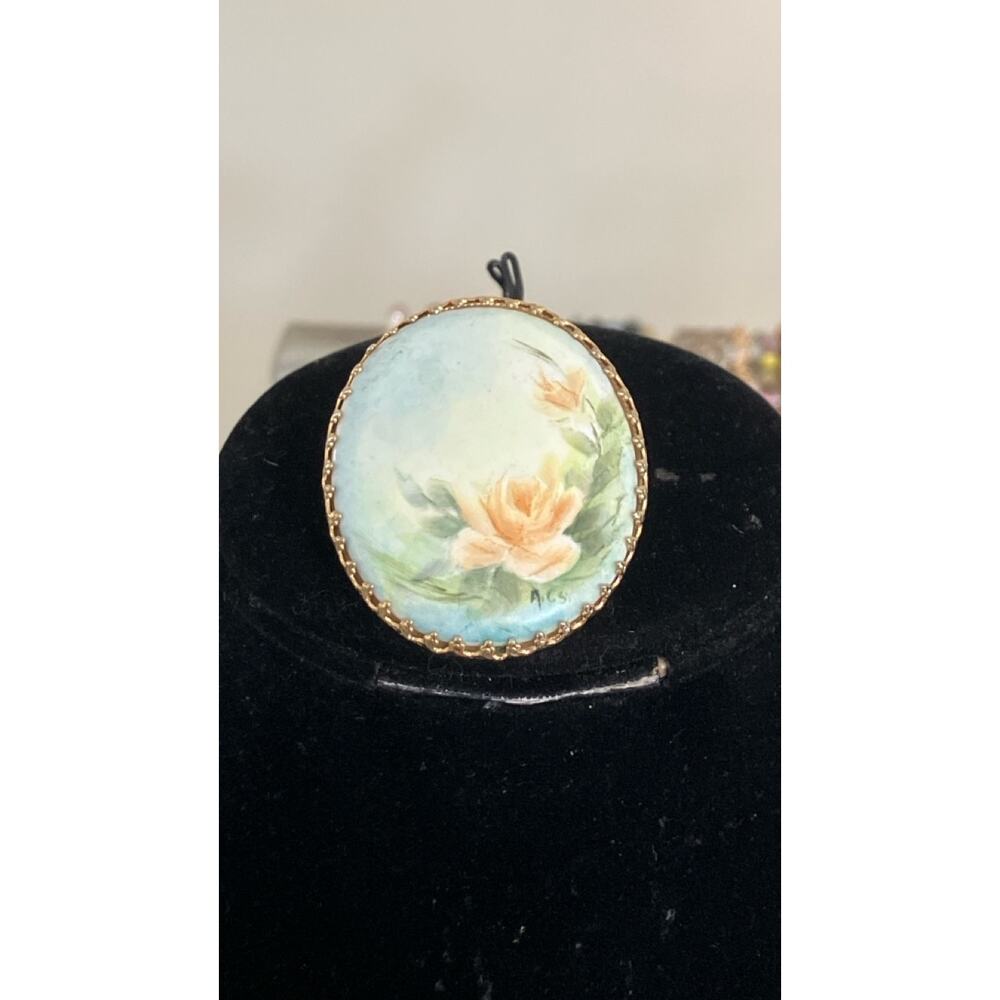 VTG Hand Painted Flower Porcelain and Gold Tone Brooch signed ACS